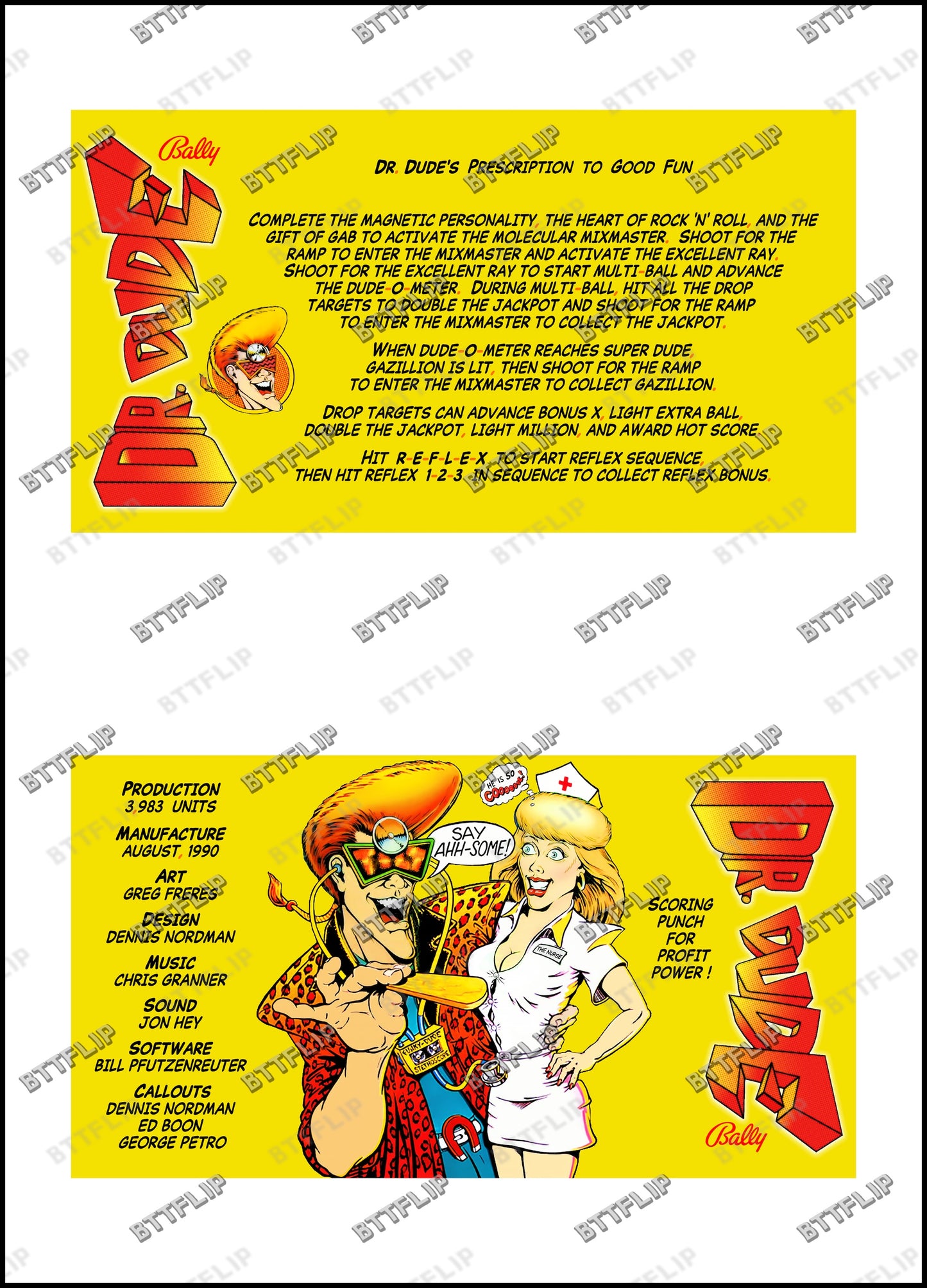 Bally Dr Dude 1990 Game Cards Rules Instructions Pinball Custom Apron V2