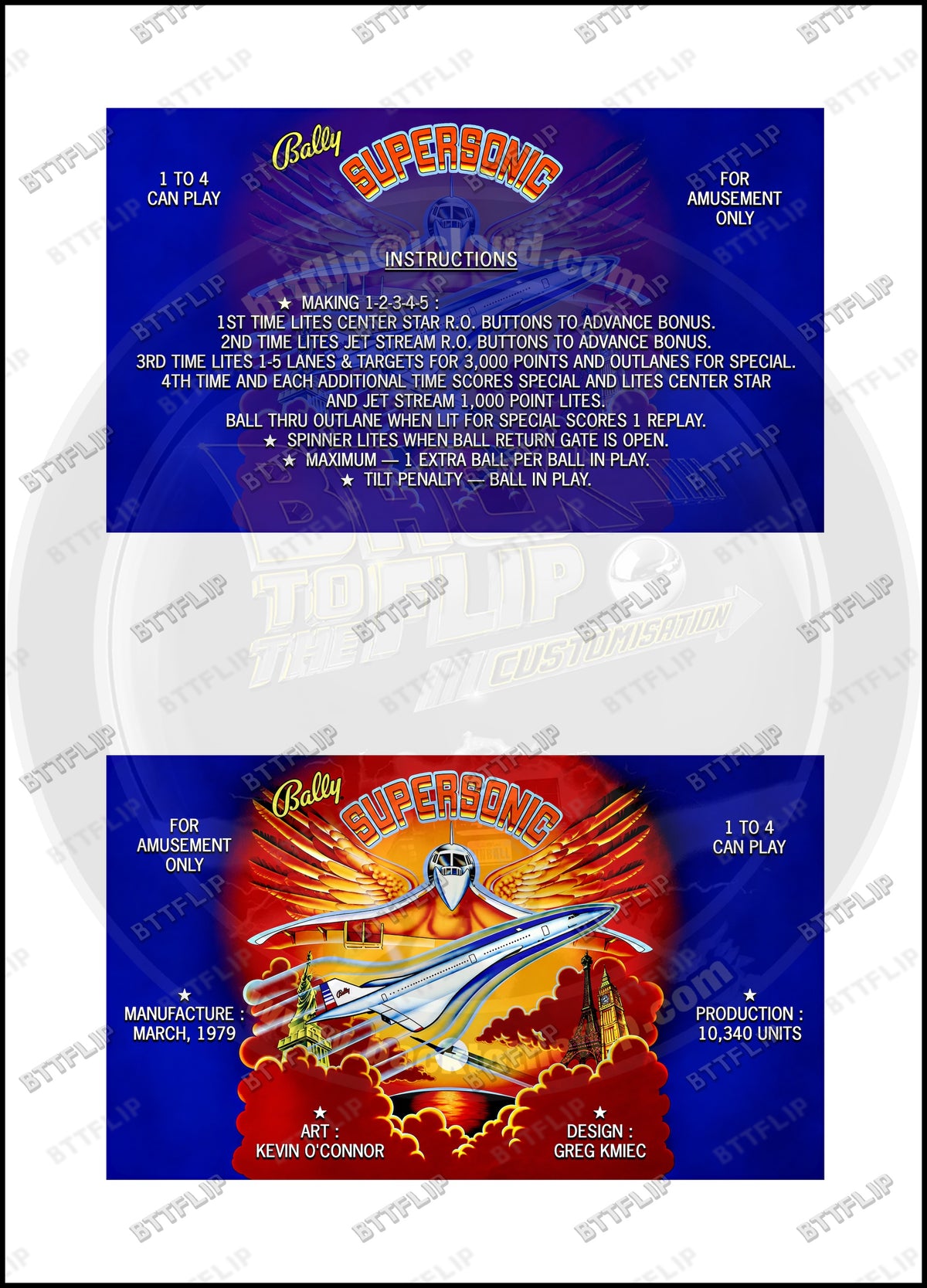 Cartes d'instructions custom apron flipper Bally Supersonic 1979 V2 (set de 2)