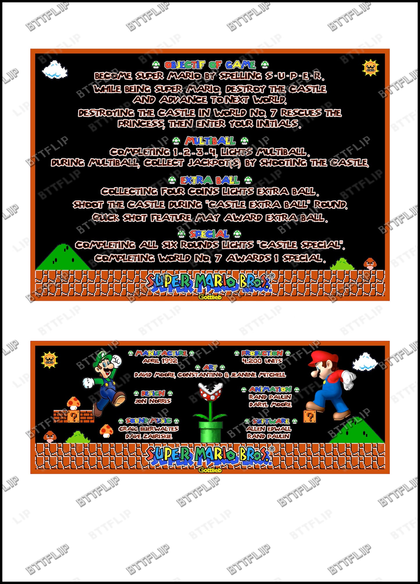 Gottlieb Super Mario Bros 1992 Jeu Cartes règles Instructions Flipper Custom Apron V2