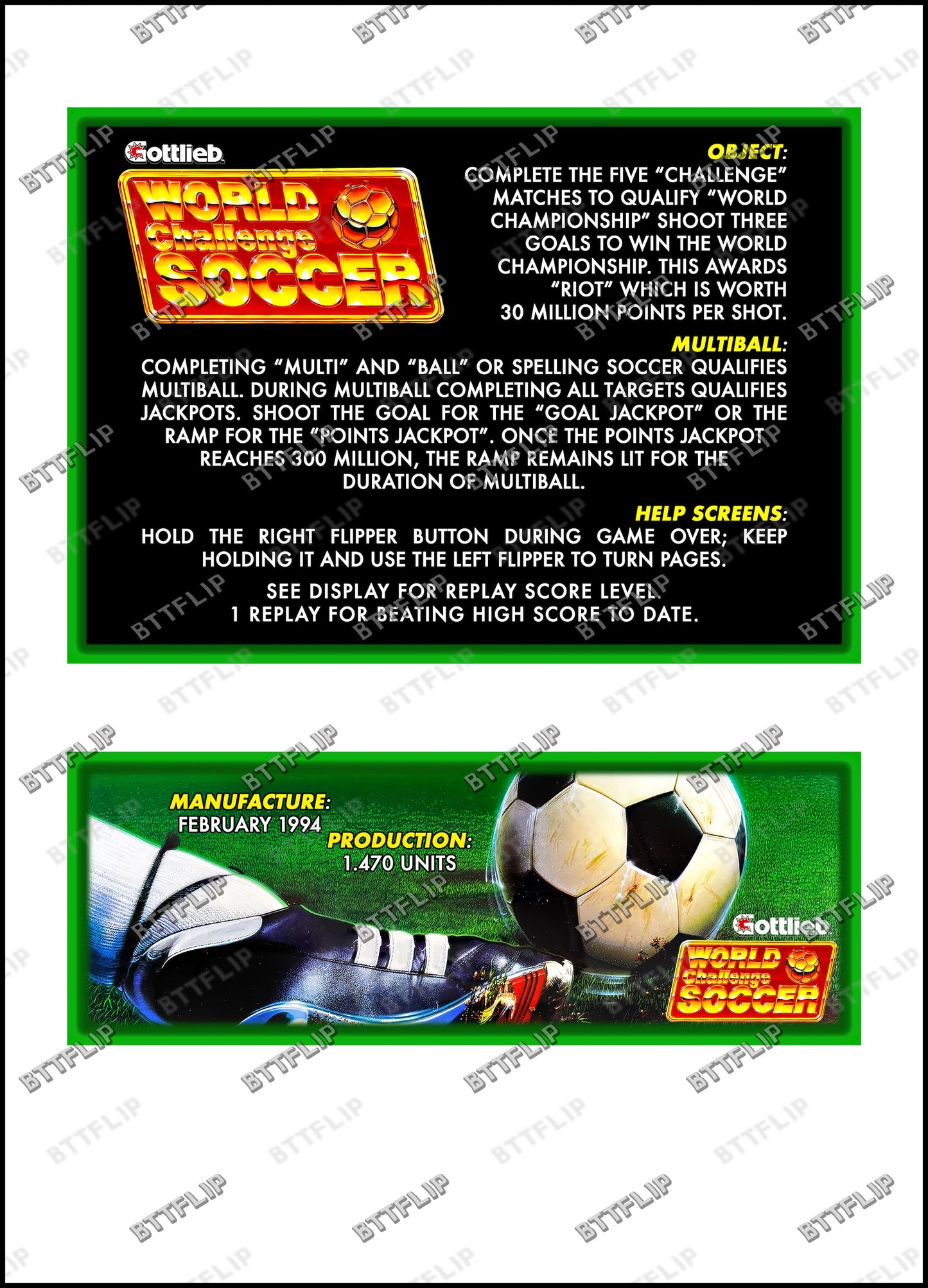 Gottlieb World Challenge Soccer 1994 Jeu Cartes règles Instructions Flipper Custom Apron V2