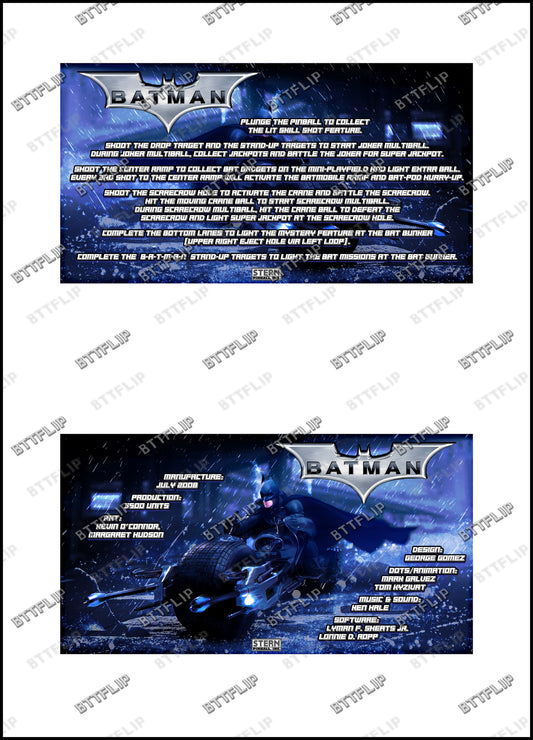 Stern Batman The Dark Knight 2008 Game Cards Rules Instructions Pinball Custom Apron V2
