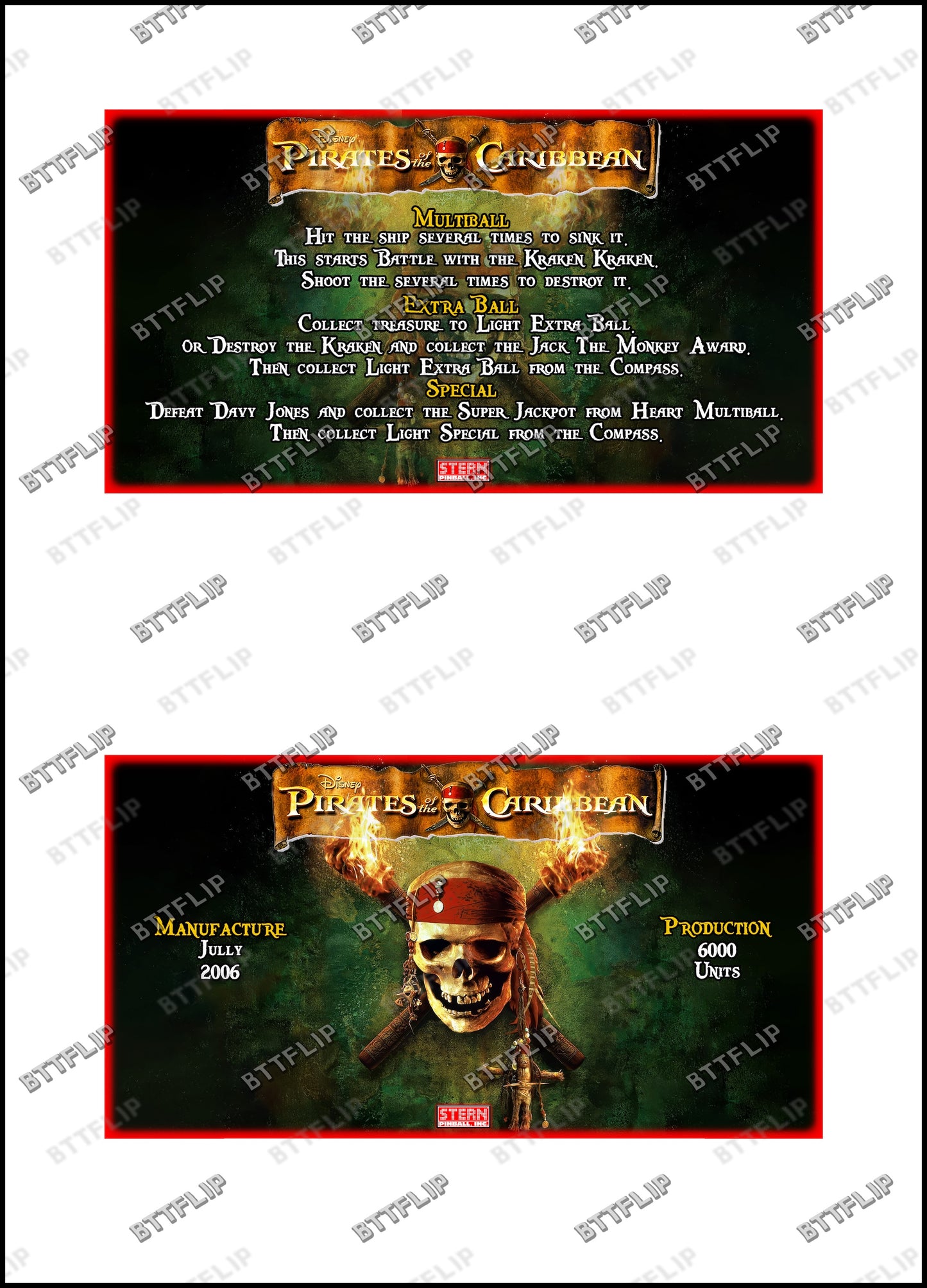 Stern Piratas del Caribe 2006 Juego de Cartas Reglas Instrucciones Pinball Custom Apron V2