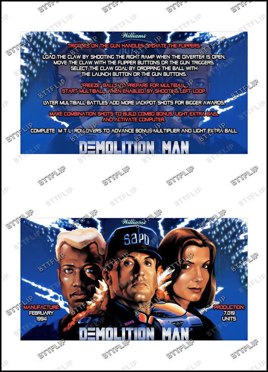 Williams Demolition Man 1994 Game Cards Rules Instructions Pinball Custom Apron V2