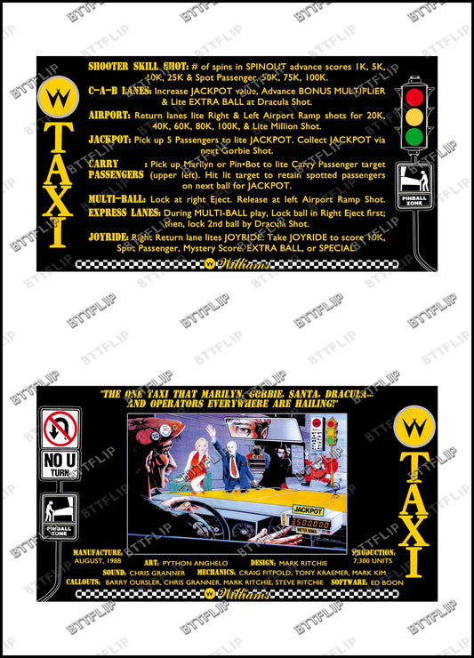 Williams Taxi 1988 Jeu Cartes règles Instructions Flipper Custom Apron V2