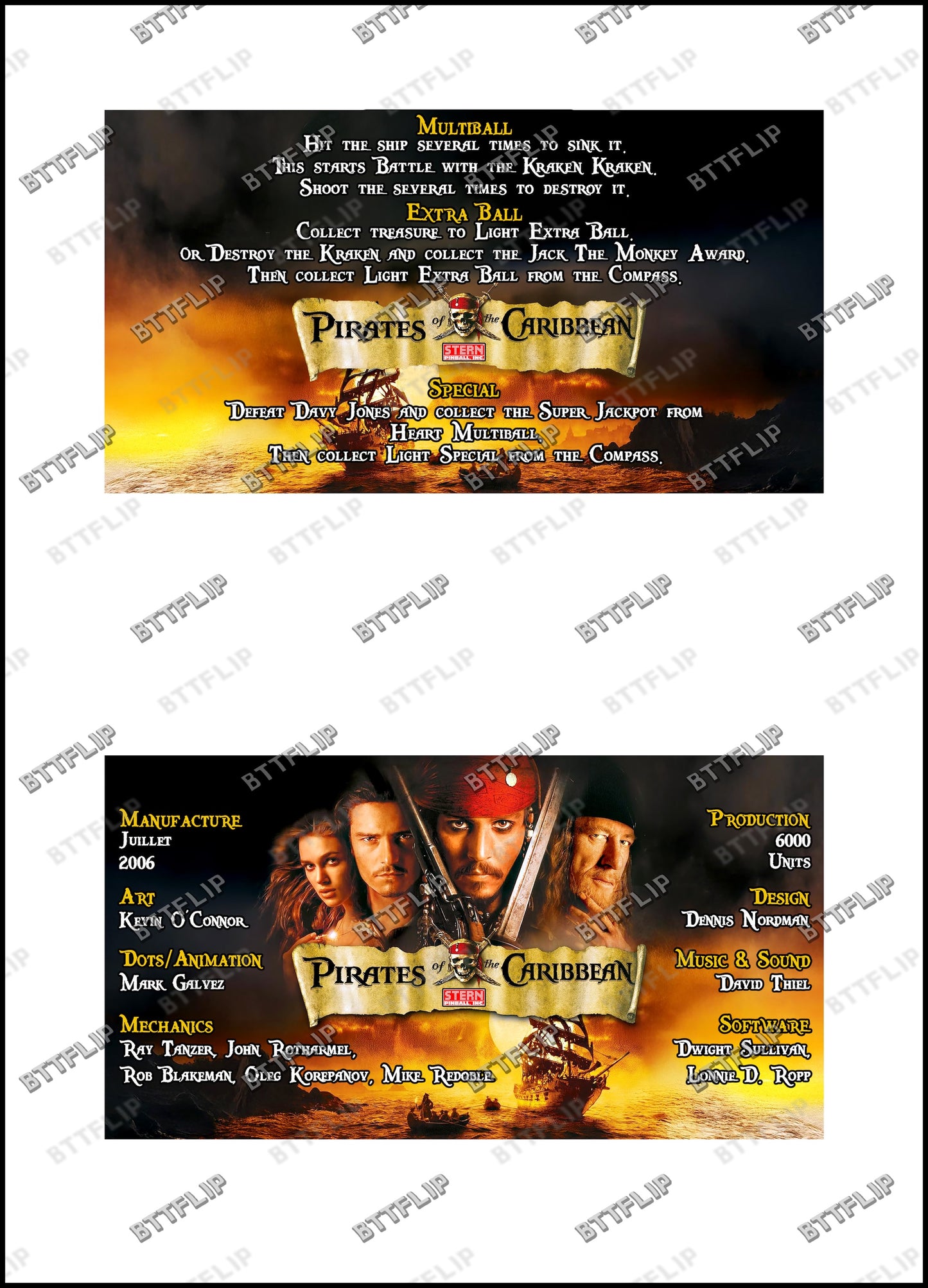 Stern Piratas del Caribe 2006 Juego de cartas reglas Instrucciones Pinball Custom Apron V4
