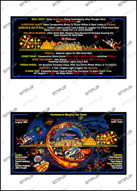 Williams Hurricane 1991 Game Cards Rules Instructions Pinball Custom Apron
