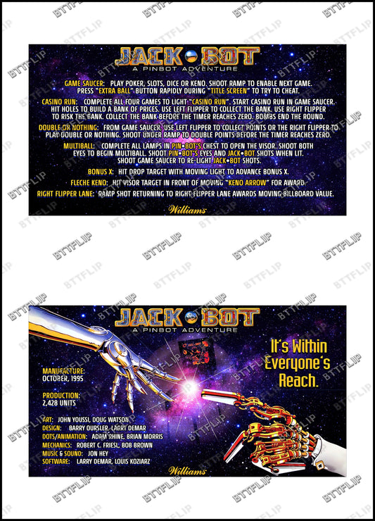 Williams JackBot 1995 Jeu Cartes règles Instructions Flipper Custom Apron JACK*BOT