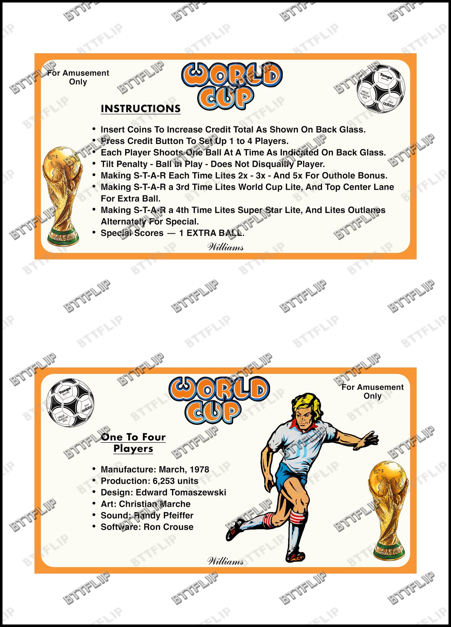 Williams World Cup 1978 Pinball Game Cards Rules Instructions Custom Apron