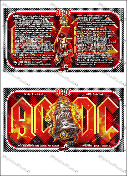 Stern AC/DC 2012 Jeu Cartes Instructions Flipper Custom Apron règles imprimées ACDC V1