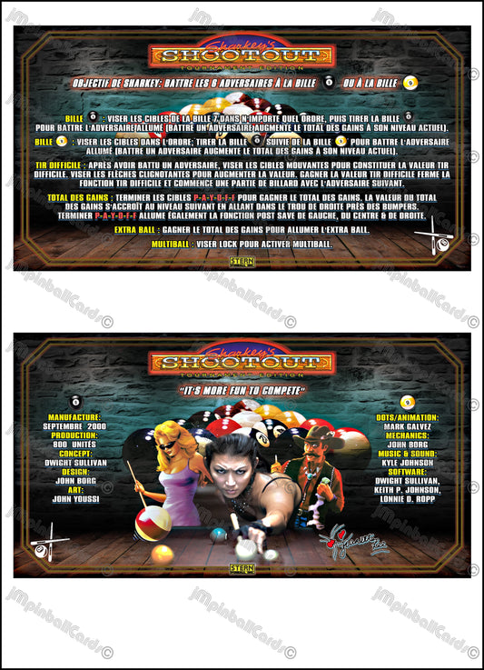 Instrucciones para las tarjetas de juego Stern Sharkey's Shootout 2000, delantal personalizado de pinball, reglas impresas V1