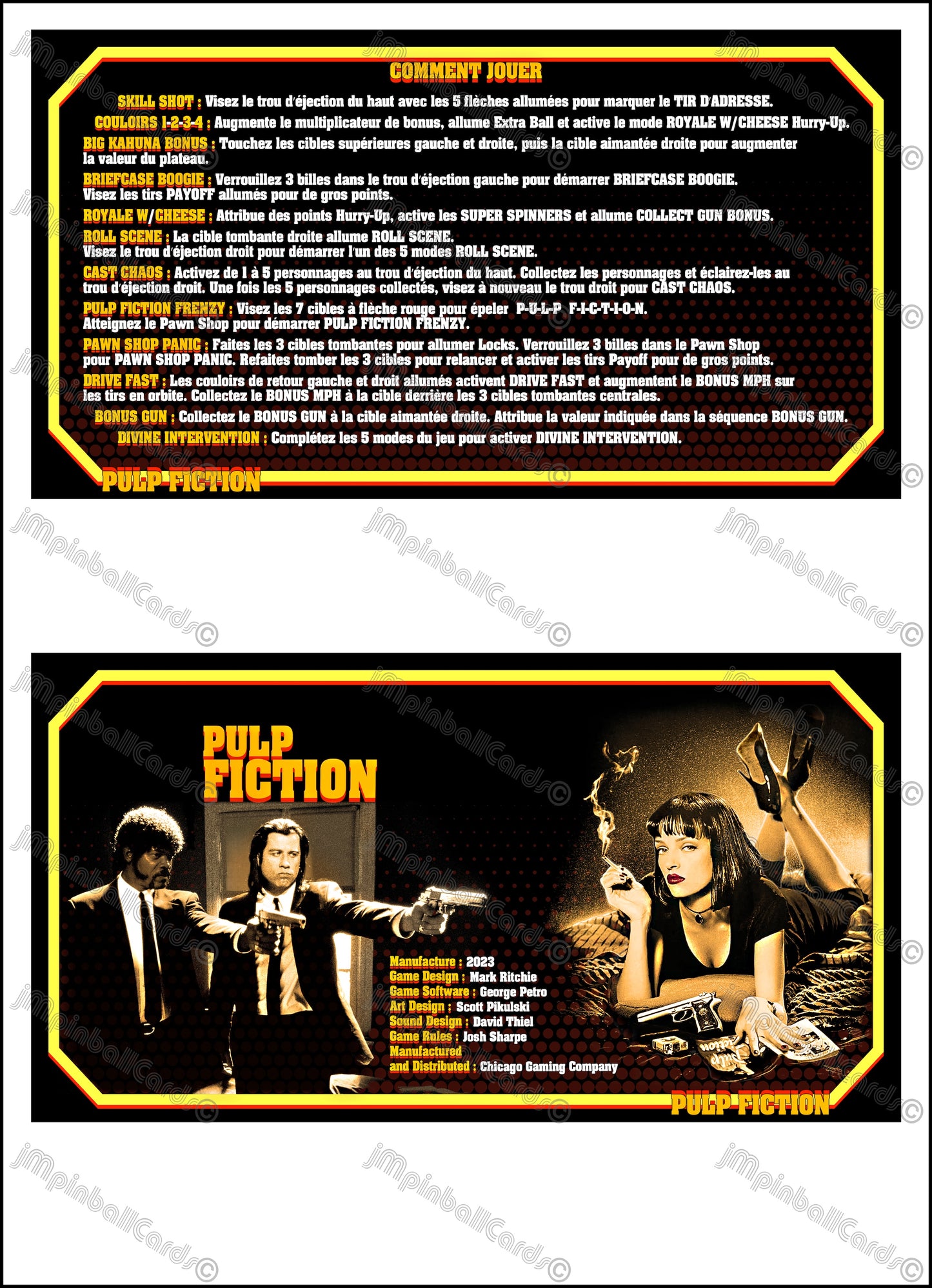 Chicago Gaming Pulp Fiction 2023 Juego de cartas, instrucciones y reglas, juego de pinball impreso, juego de delantal de pinball personalizado V2