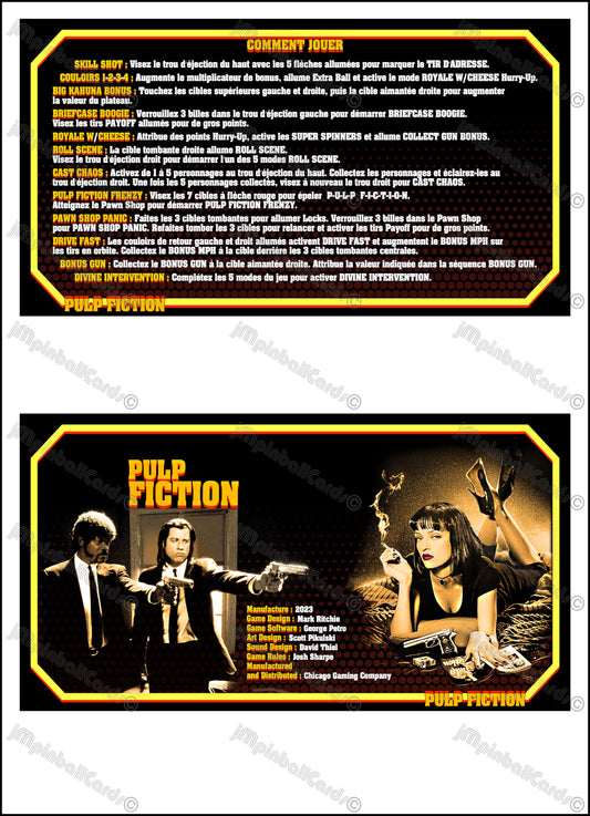 Instrucciones de las tarjetas de juego Pulp Fiction 2023 de Chicago Gaming, delantal personalizado de pinball, reglas impresas V2
