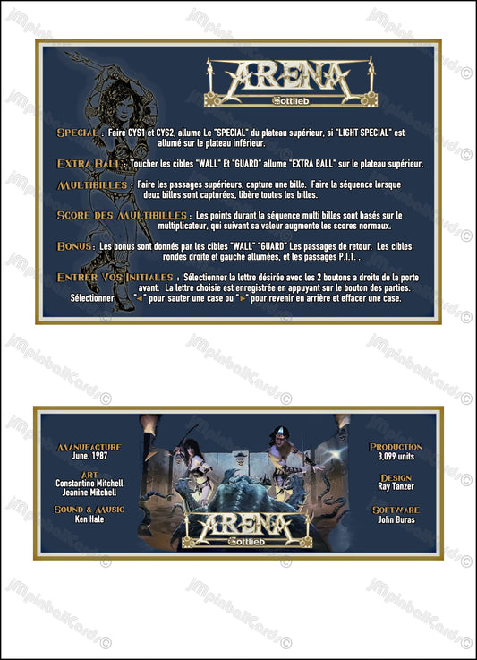 Gottlieb Arena 1987 Jeu Cartes Instructions Flipper Custom Apron règles imprimées V2