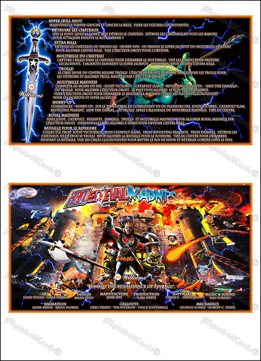 Williams Medieval Madness 1997 Jeu Cartes Instructions Flipper Custom Apron règles imprimées V2