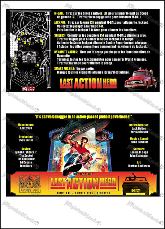 Instrucciones de las tarjetas del juego Data East Last Action Hero 1993, delantal personalizado de pinball, reglas impresas V3