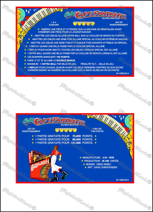 Instrucciones de las tarjetas del juego Bally Captain Fantastic 1976, máquina de pinball, delantal personalizado, reglas impresas