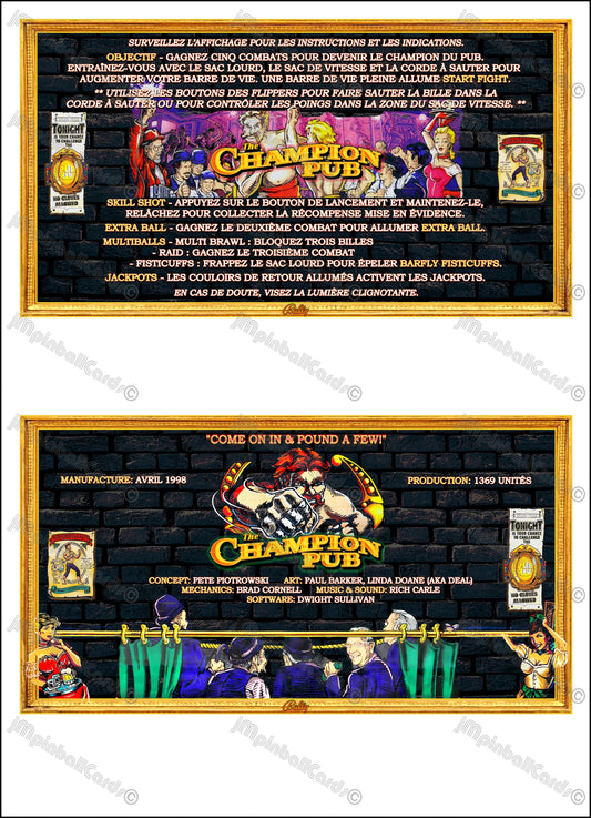 Bally The Champion Pub 1998 Game Cards Instructions Pinball Custom Apron printed rules