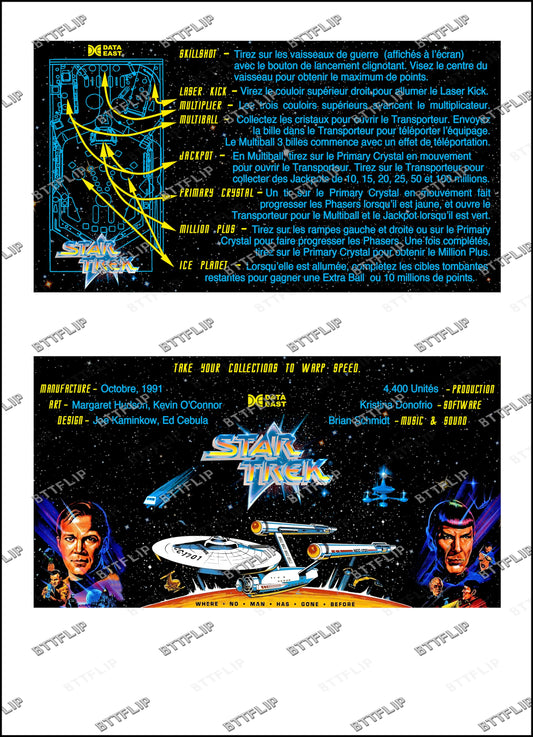 Data East STAR TREK 1991 Jeu Cartes Instructions Flipper Custom Apron règles imprimées V1