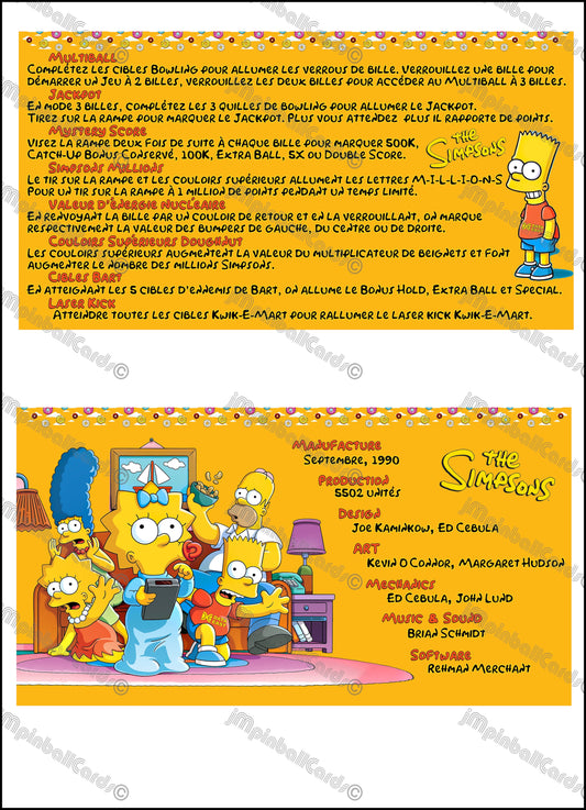 Data East The Simpsons 1990 Jeu Cartes Instructions Flipper Custom Apron règles imprimées