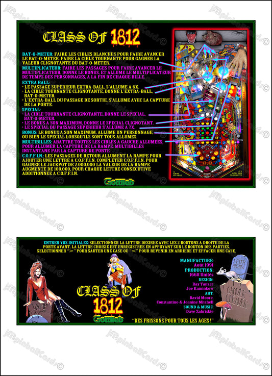 Gottlieb 1991 CLASS OF 1812 Jeu Cartes Instructions Flipper Custom Apron règles imprimées