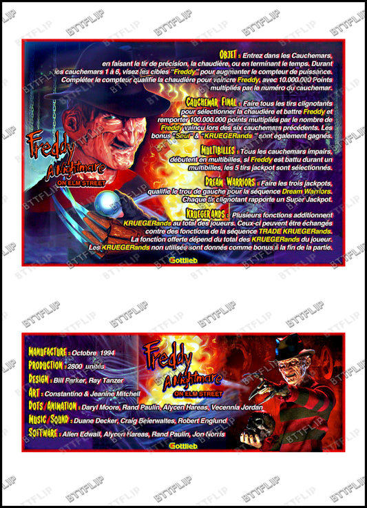 Gottlieb FREDDY A Nightmare On Elm Street 1994 Jeu Cartes Instructions Flipper Custom Apron règles imprimées