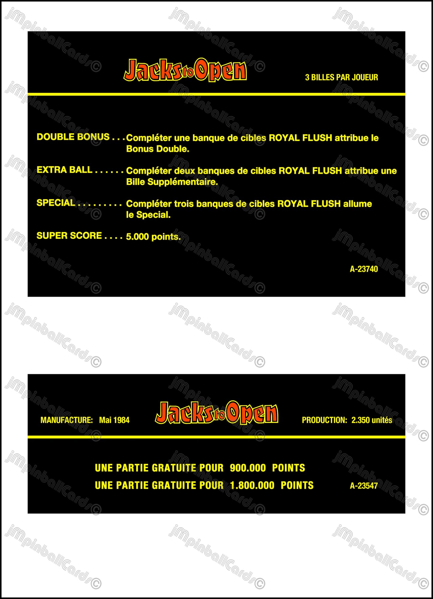 Gottlieb Jacks To Open 1984 Jeu Cartes Instructions Flipper Custom Apron règles imprimées