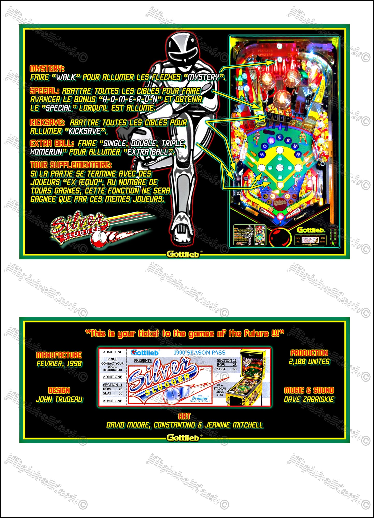 Gottlieb Silver Slugger 1990 Jeu Cartes Instructions Flipper Custom Apron règles imprimées