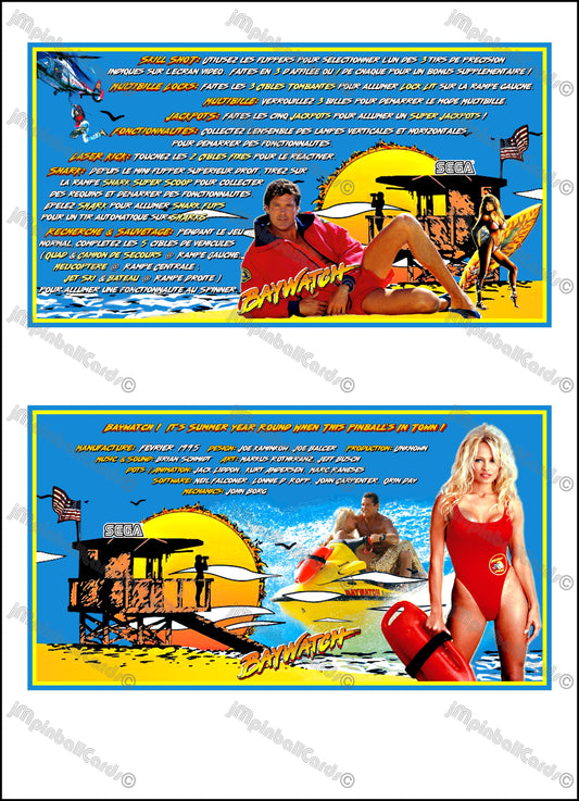 Instrucciones de las tarjetas del juego SEGA Baywatch 1995 Delantal personalizado de pinball con reglas impresas