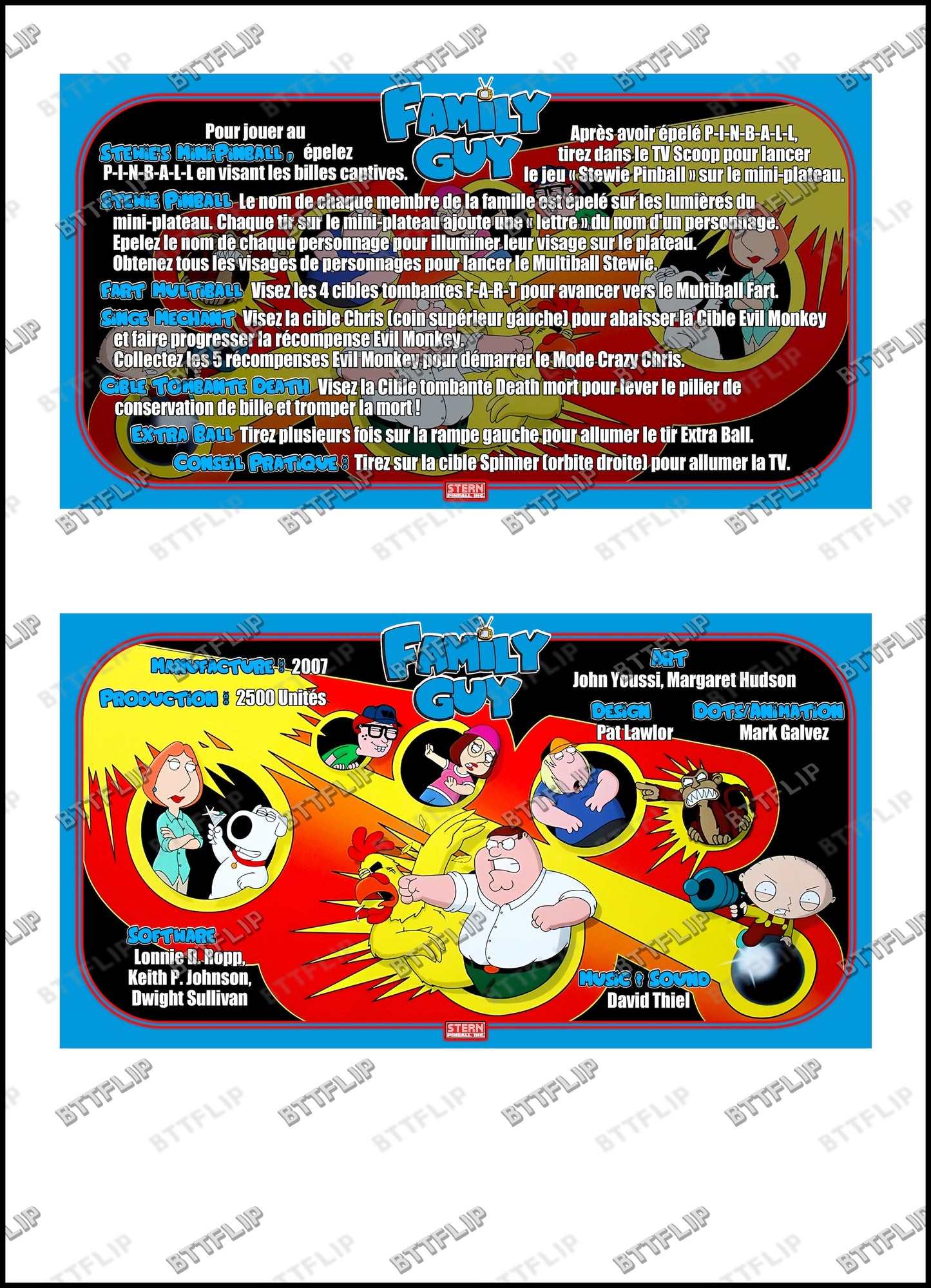 Stern Family Guy 2007Jeu Cartes Instructions Flipper Custom Apron règles imprimées