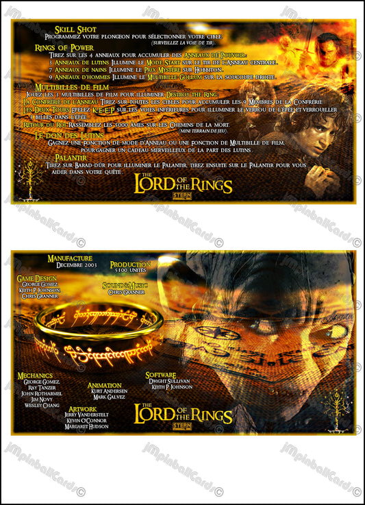 Instrucciones de las tarjetas del juego Stern El Señor de los Anillos 2003 Delantal personalizado de Pinball Reglas impresas
