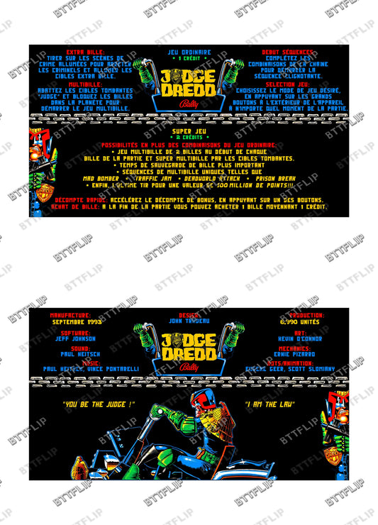 Bally JUDGE DREDD 1993 Jeu Cartes Instructions Flipper Custom Apron règles imprimées V1
