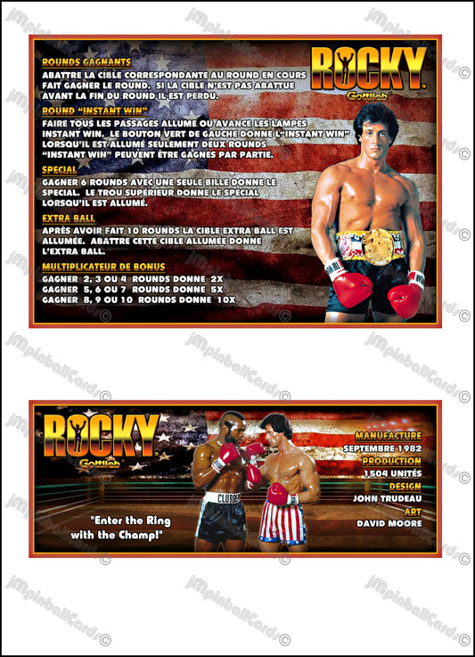 Instrucciones de las tarjetas del juego Gottlieb Rocky 1982, delantal personalizado de pinball, reglas impresas V1