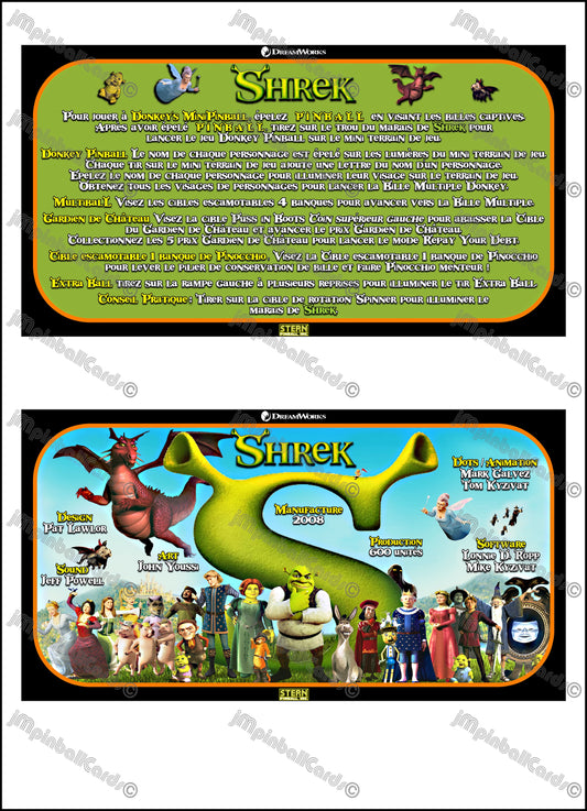 Instrucciones de las tarjetas del juego Stern Shrek 2008, delantal personalizado de pinball, reglas impresas V1