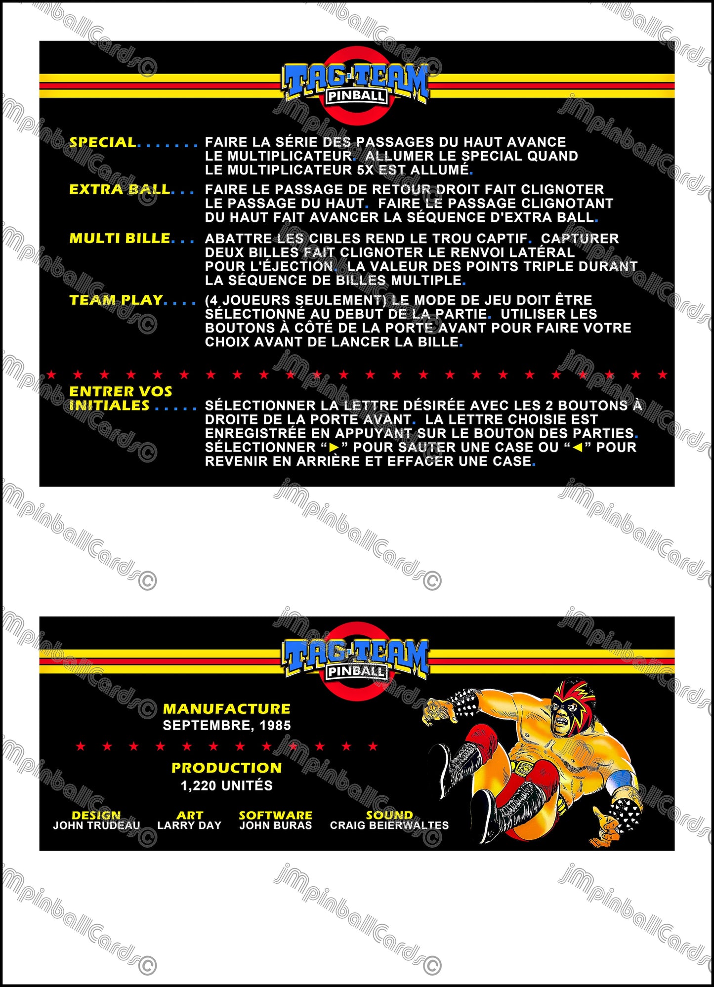 Premier Gottlieb Tag Team Pinball 1985 Jeu Cartes Instructions Flipper Custom Apron règles imprimées V2