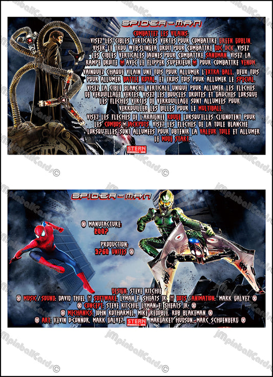Stern Spider-Man 2007 Jeu Cartes Instructions Flipper Custom Apron règles imprimées V2