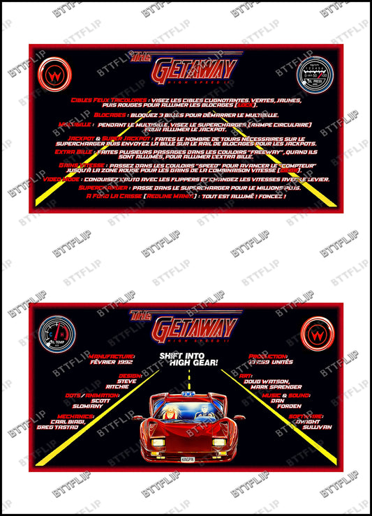 Williams The Getaway 1992 Jeu Cartes Instructions Flipper Custom Apron règles imprimées V2