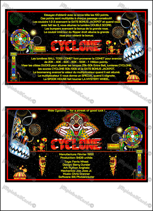 Instrucciones de las tarjetas del juego Williams Cyclone 1988, delantal personalizado de pinball, reglas impresas