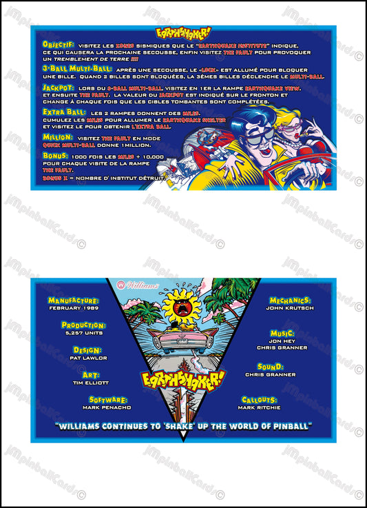 Williams Earthshaker 1989 Jeu Cartes Instructions Flipper Custom Apron règles imprimées