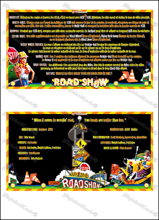 Williams ROAD SHOW RED & TED 1994 Tarjetas de juego Instrucciones Pinball Delantal personalizado Reglas impresas ROADSHOW