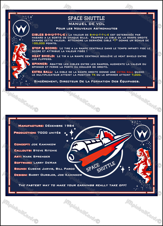 Instrucciones de las tarjetas del juego Williams Space Shuttle 1984, delantal personalizado de pinball, reglas impresas