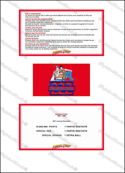 Zaccaria Pinball Champ 1982 1983 Set Cartes Instructions Flipper Custom Apron règles imprimées