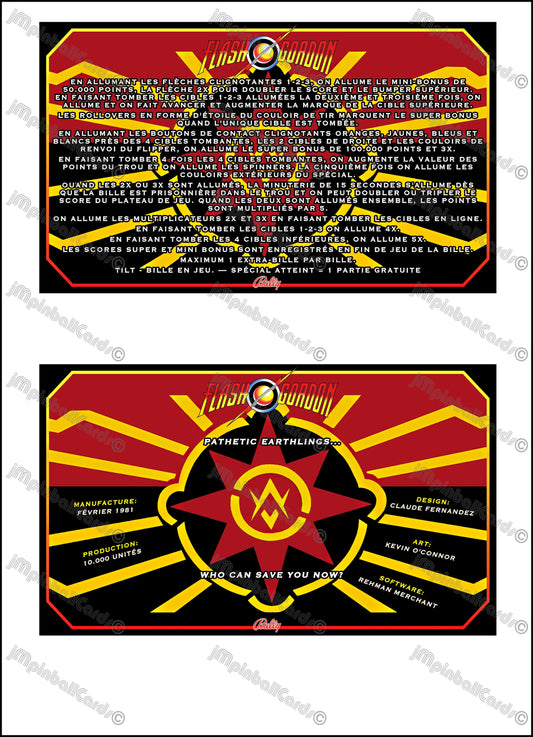Instrucciones de las tarjetas del juego Bally Flash Gordon 1981, delantal personalizado de pinball, reglas impresas V2 M-1508-96-E