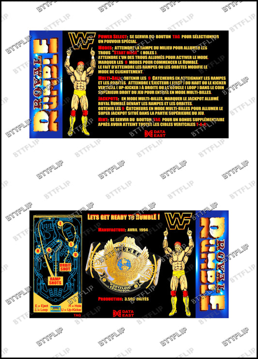 Instrucciones de tarjetas de juego Data East ROYAL RUMBLE WWF 1994 Delantal personalizado de Pinball Reglas impresas
