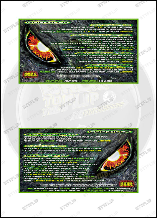 Cartes d'instructions custom apron flipper SEGA GODZILLA 1998 V1 (set de 2)