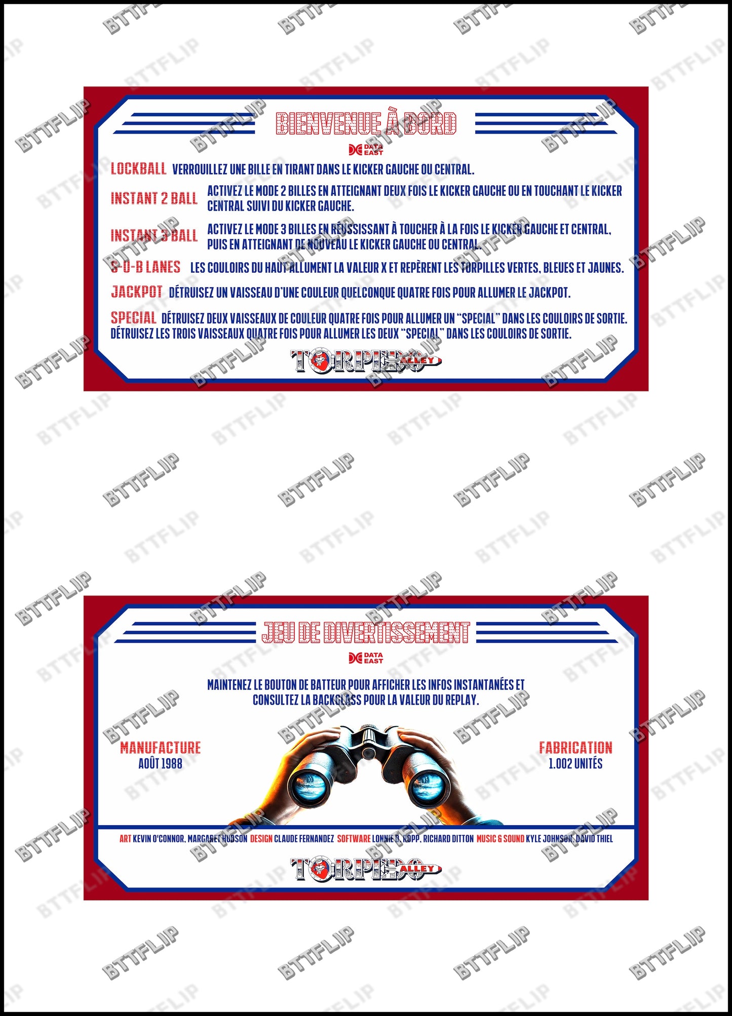 Data Torpedo Alley 1988 Jeu Cartes règles Instructions Flipper Custom Apron V1