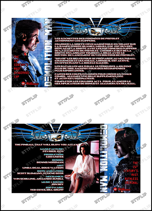 Williams Demolition Man 1994 Jeu Cartes règles Instructions Flipper Custom Apron V1