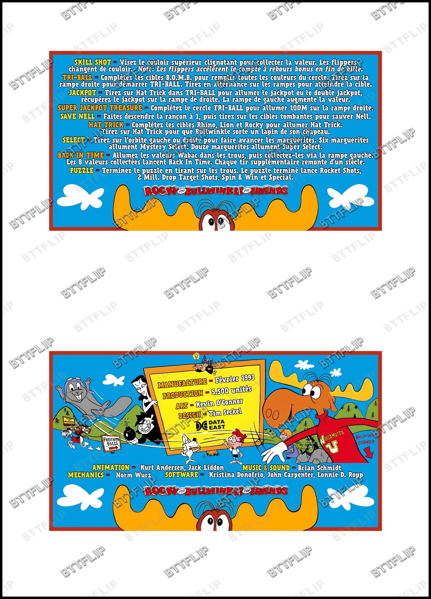 Data East THE ADVENTURES OF ROCKY AND BULLWINKLE AND FRIENDS 1993 Jeu Cartes règles Instructions Flipper Custom Apron V2