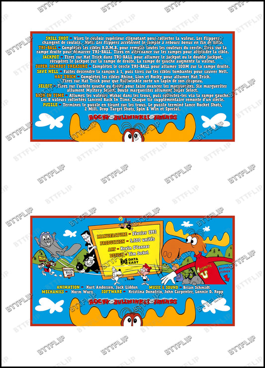 Data East THE ADVENTURES OF ROCKY AND BULLWINKLE AND FRIENDS 1993 Jeu Cartes règles Instructions Flipper Custom Apron V2
