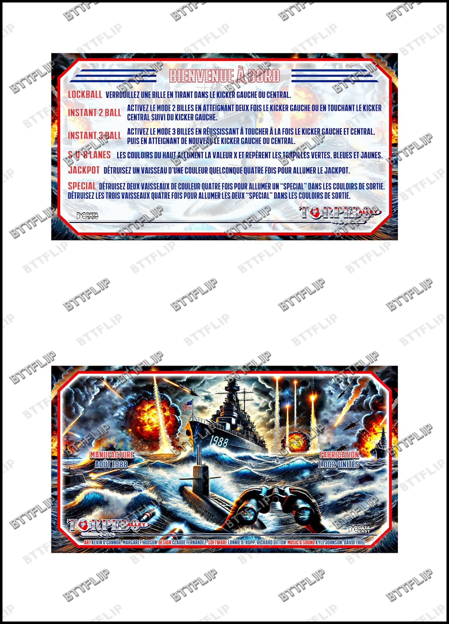 Data Torpedo Alley 1988 Jeu Cartes règles Instructions Flipper Custom Apron V2