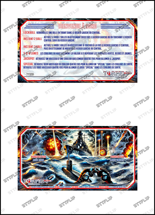 Data Torpedo Alley 1988 Jeu Cartes règles Instructions Flipper Custom Apron V2